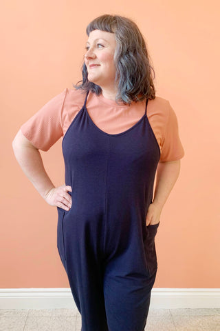 Tony Jumpsuit by Pure Essence, Navy, spaghetti straps, V-neck, cropped legs with ruching and tie detail, large patch pockets, eco-fabric, bamboo rayon, cotton, sizes XS to XXL, made in Canada