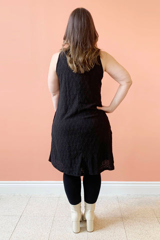 Liz Dress by Pure Essence, back view, Black, lace dress, solid lining, tank style, A-line shape, sizes XS to XXL, made in Canada