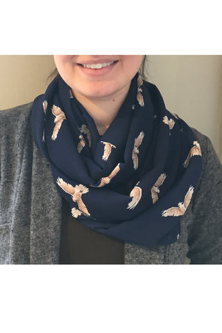 Infinity Scarf by Workshop Studio, navy with birds, made in Ottawa