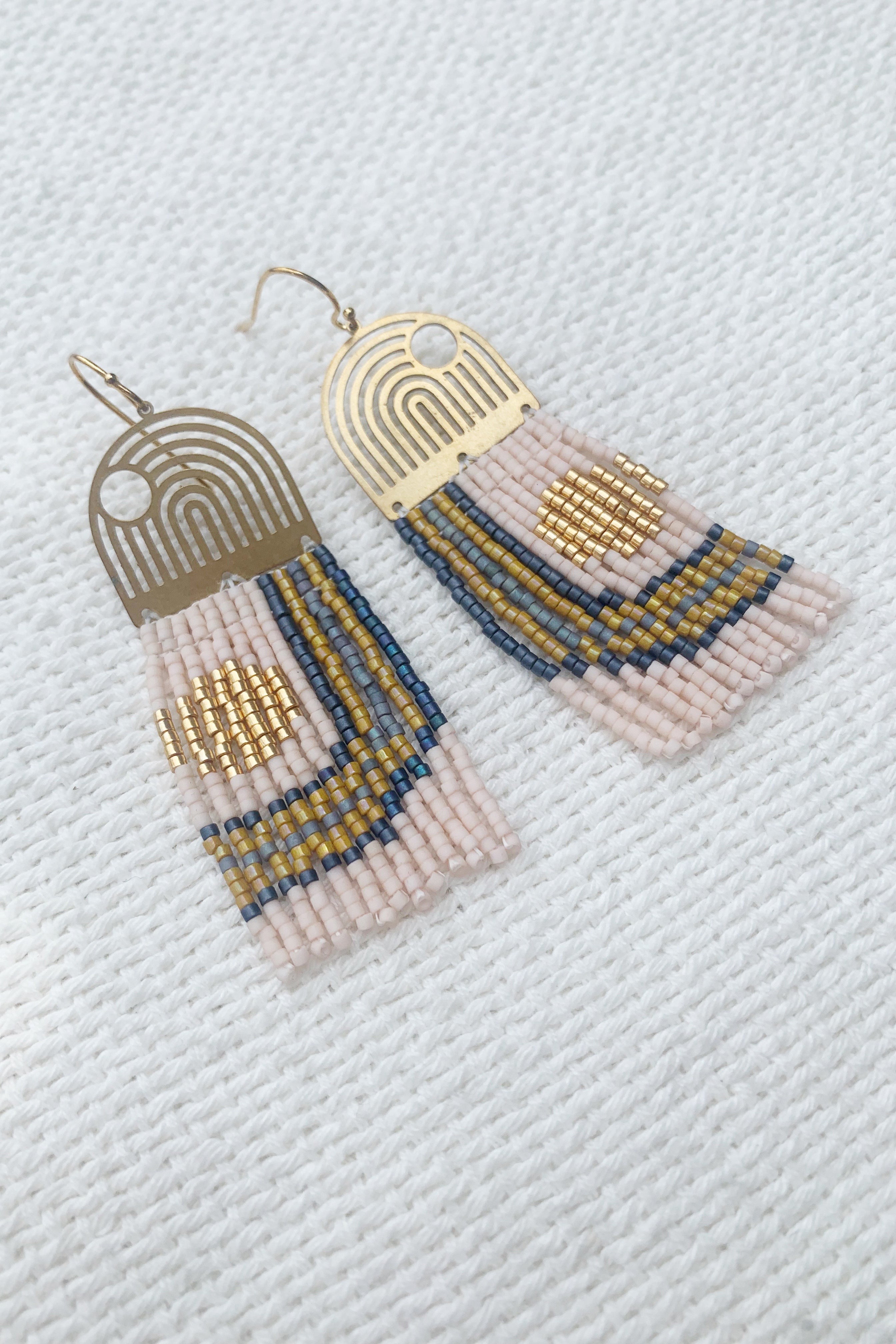 Geometric lines and curves raw brass and beaded earrings - MADE TO ORDER