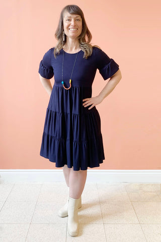 Rina Dress by Pure Essence, Navy, baby-doll style, tiered skirt, flutter on sleeves, eco-fabric, bamboo rayon, sizes XS to XXL, made in Canada