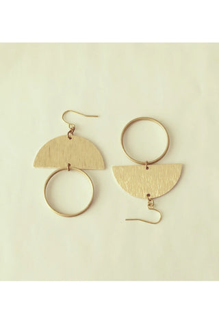 Dutte earrings by Darlings of Denmark; flat lay; raw brass; textured semi-circle shape with double hoops hanging; dangle earrings