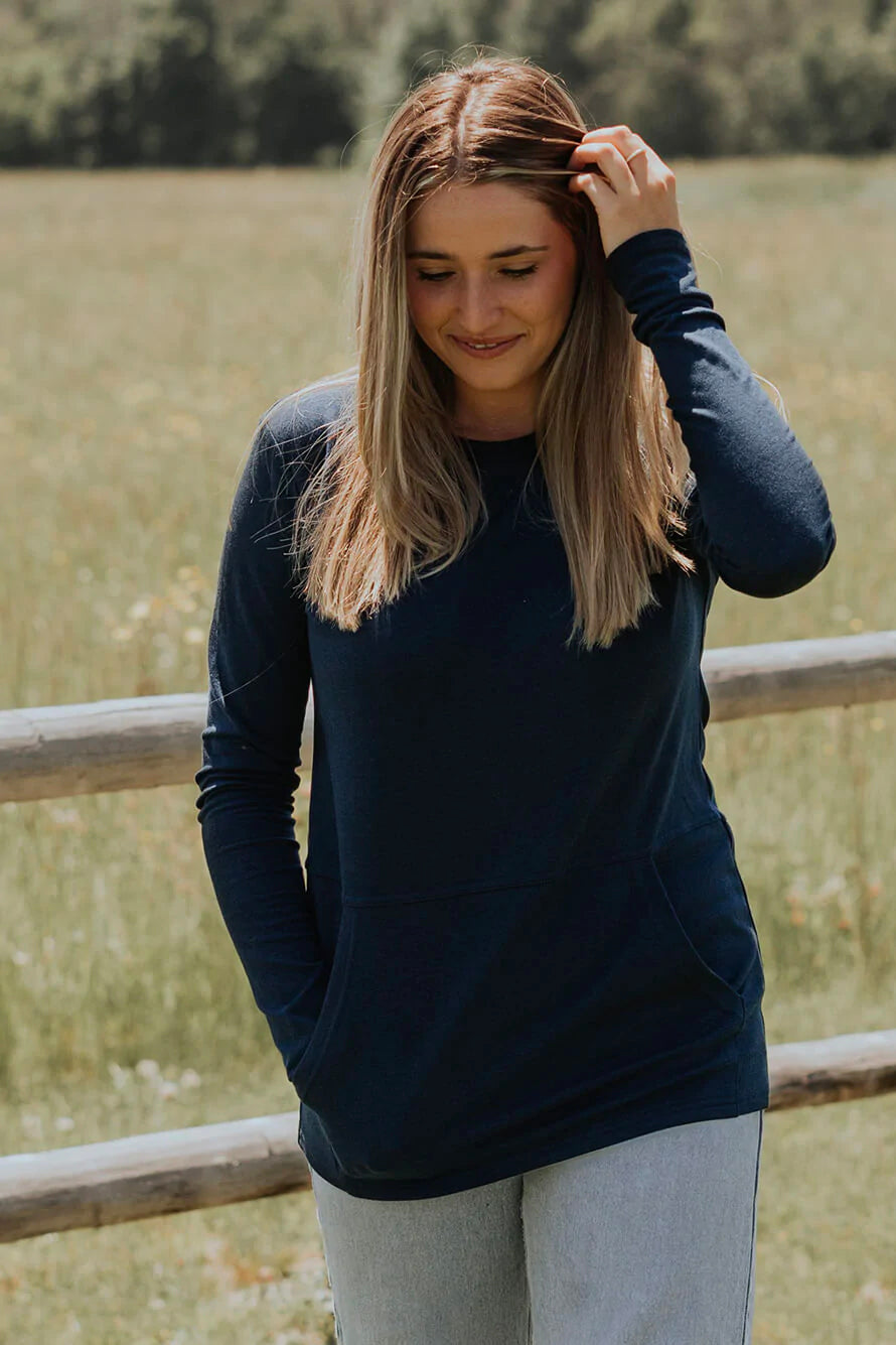 Hillside Sweater by Blondie, Navy, kangaroo pocket, contoured hemline, extra long sleeves, eco-fabric, bamboo rayon, cotton, sizes XS to XL, made in Toronto