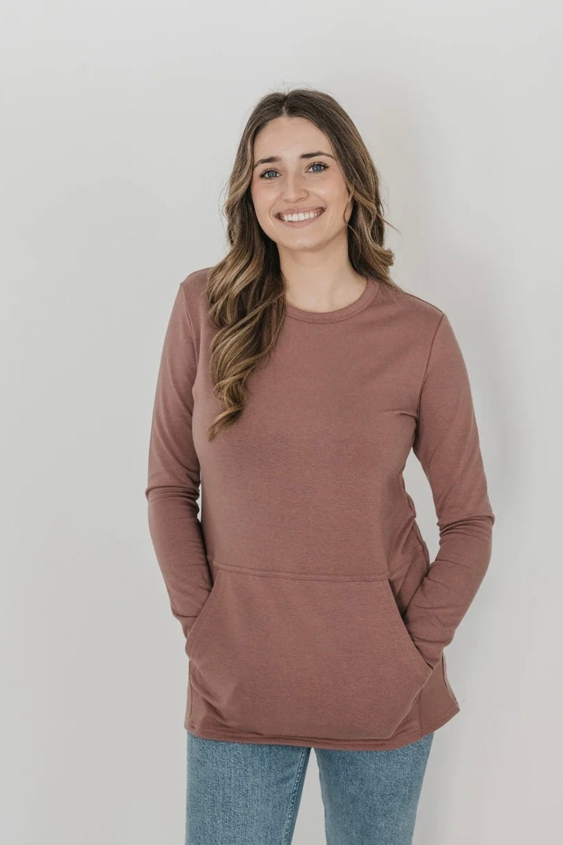 Hillside Sweater by Blondie, Mauve, kangaroo pocket, contoured hemline, extra long sleeves, eco-fabric, bamboo rayon, cotton, sizes XS to XL, made in Toronto