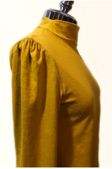 Logan Top by Ramonalisa, Mustard, side view, mock turtleneck, puffed sleeves, hemp/organic cotton, sizes XS to XL, made in Montreal