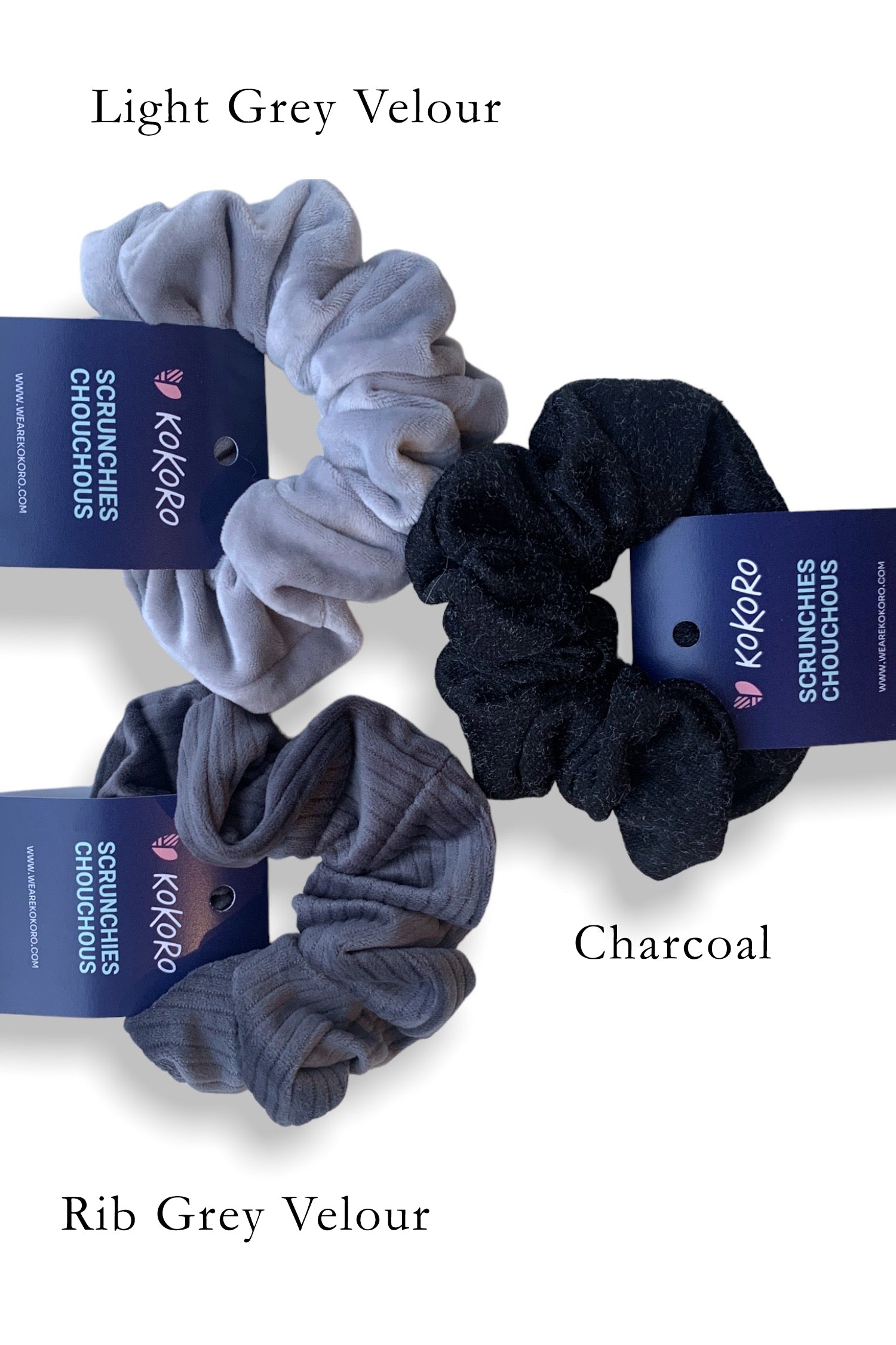 Mini Scrunchie by Kokoro, Light Grey Velour, Rib Grey Velour, Charcoal