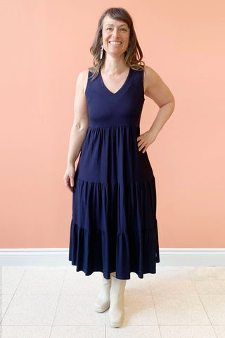 Grace Dress by Pure Essence, Navy, V-neck, long tiered skirt, eco-fabric, bamboo rayon, sizes XS to XXL, made in Canada