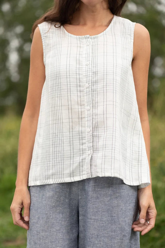 Fir Top by Ramonalisa, Ivory, pinstripe, round neck, swing shape, button front, eco-fabric, linen, lyocell, sizes XS to XL, made in Montreal